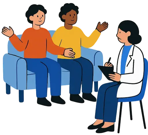 A graphic depicting a couple sitting on a couch across from a therapist