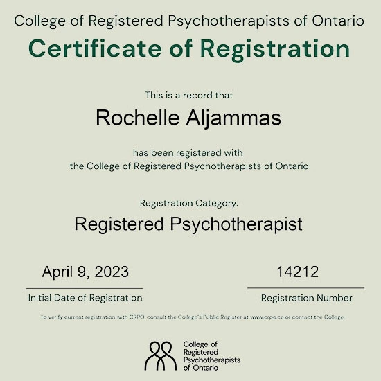 Certificate of Registration from the College of Registered Psychotherapists of Ontario (CRPO) as a Registered Psychotherapist