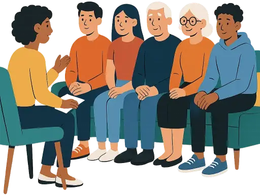 A family of 5 adults sitting across from a therapist