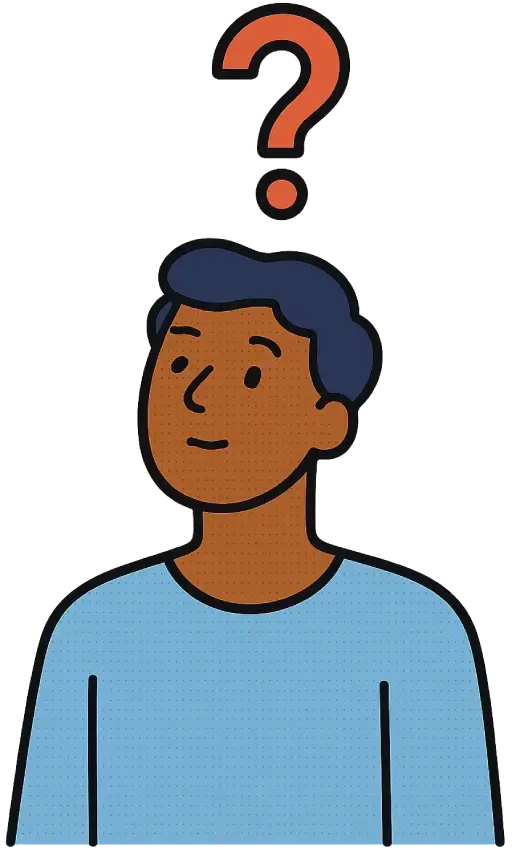 A person looking up while thinking with a question mark over their head