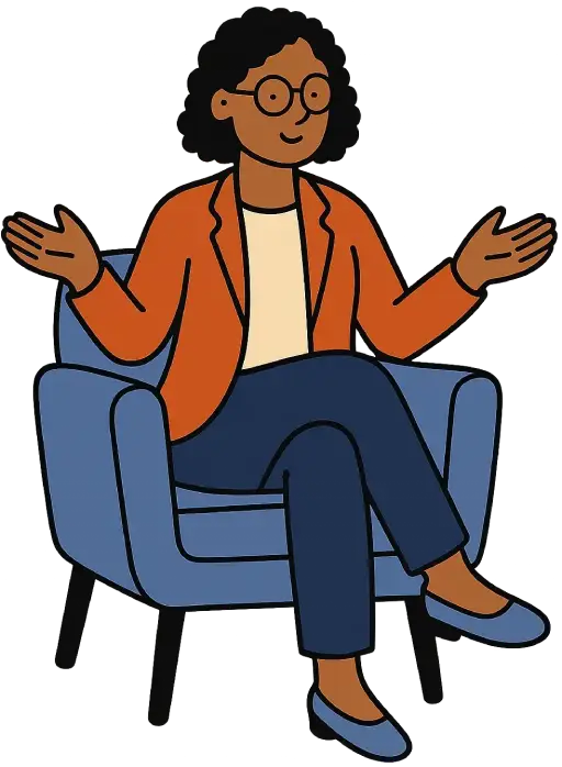 A therapist sitting in a chair, her arms wide open